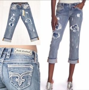🤘RARE!!🎸 ROCK REVIVAL ADDIE SPLATTER DESTRUCTED EASY CROP CAPRI JEANS SIZE 28